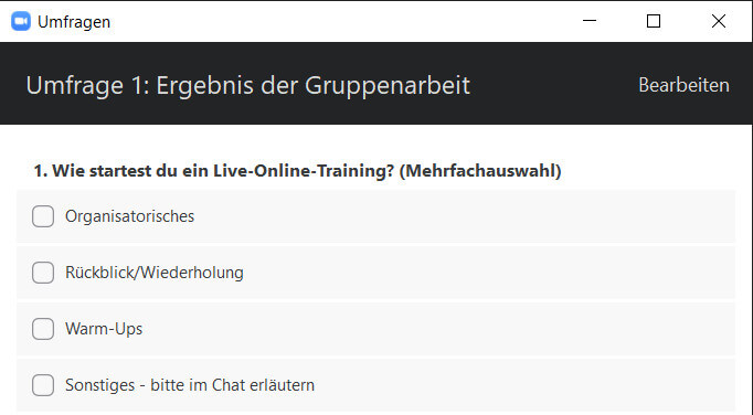 Ergebnisauswertung mit einer Umfrage bei einer Gruppenarbeit online