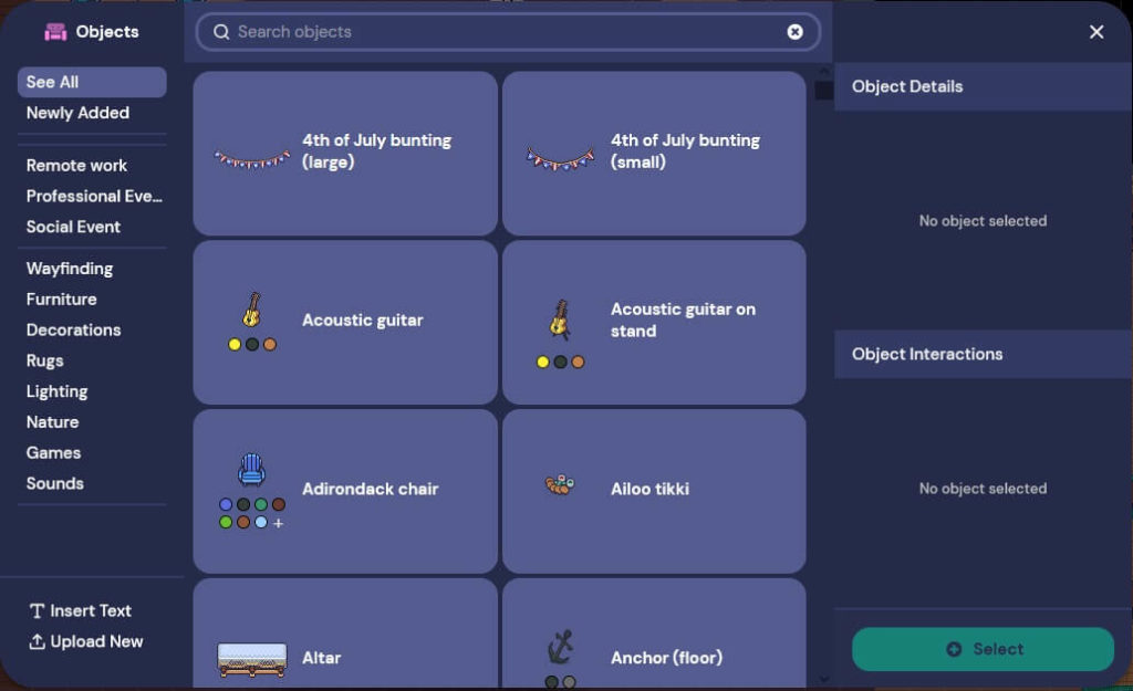 Der „Object Picker“: Hier findest Du die Objekt, die Du bei Gather.Town auswählen kannst.