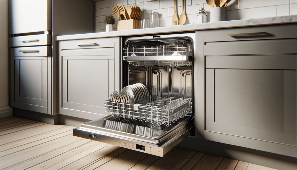 Eine offene Geschirrspülmaschine zeigt sauberes Geschirr in einer Küche mit Sonnenlicht und warmen Farbtönen.