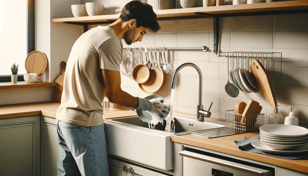Ein Mann in einer modernen Küche wäscht Geschirr am Spülbecken, während Tageslicht die Szene beleuchtet.