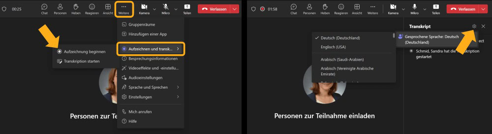 Screenshot: Aufzeichnung und Videotranskript in MS Teams starten.