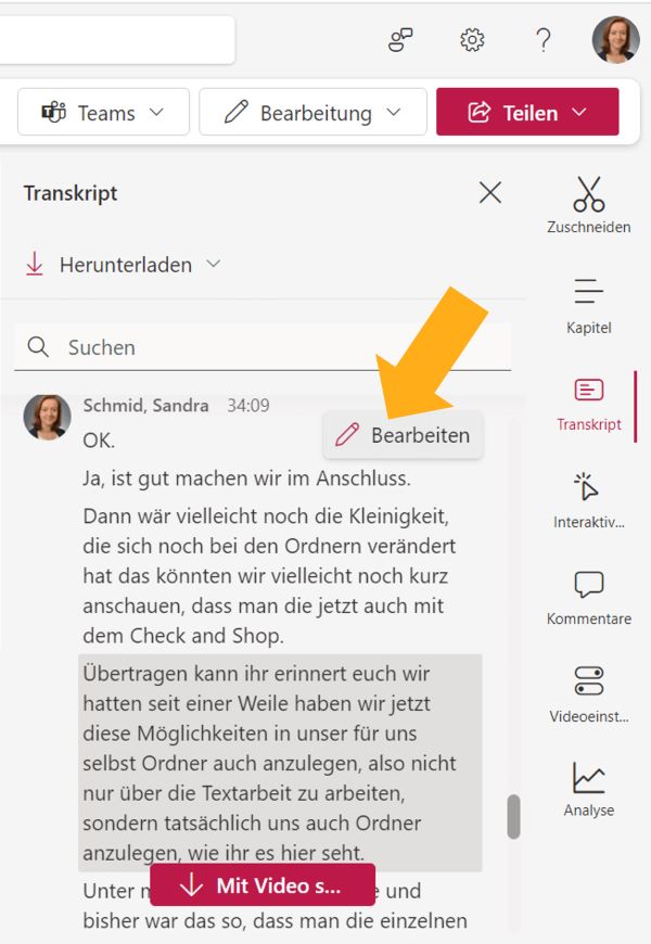 Screenshot: Videotranskript nachbearbeiten