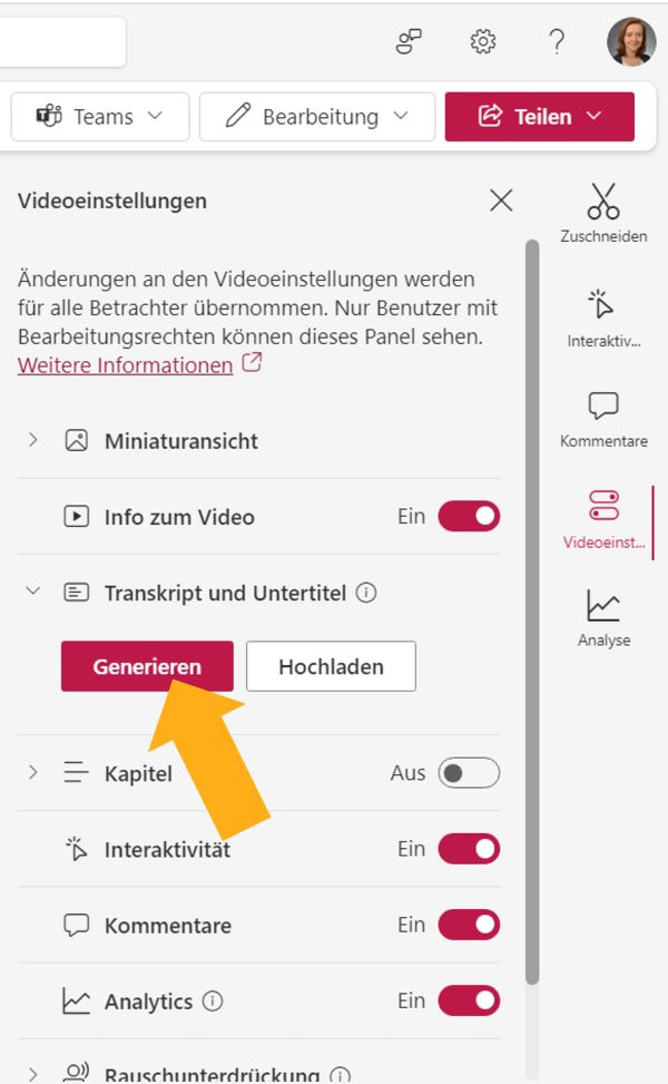 Screenshot: Videotranskript automatisch generieren