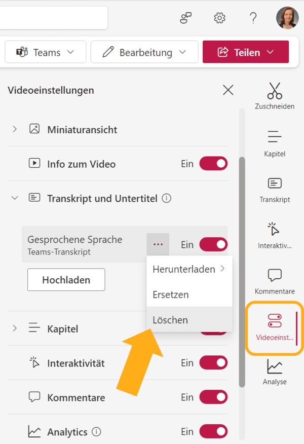 Screenshot: Videotranskript löschen