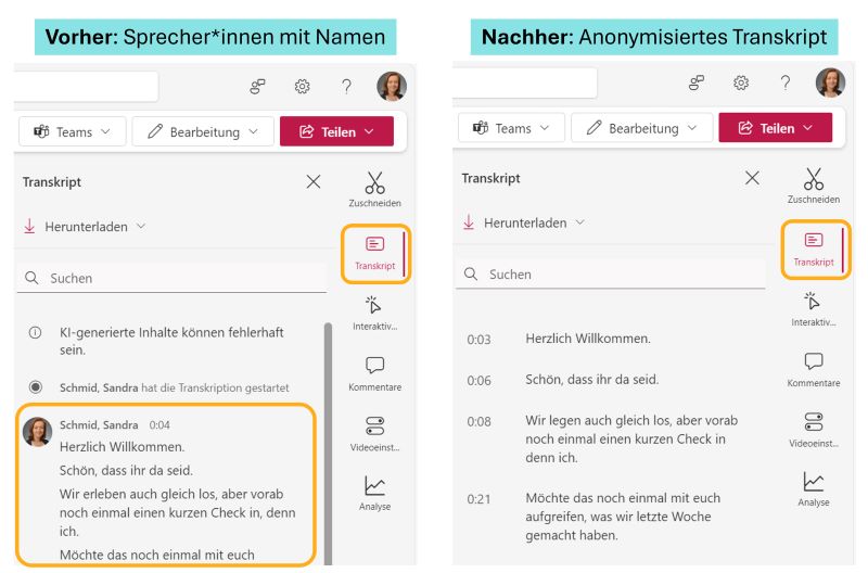 Screenshot: Videotranskript vorher mit Namen der Sprecher*innen und nachher anonymisiert