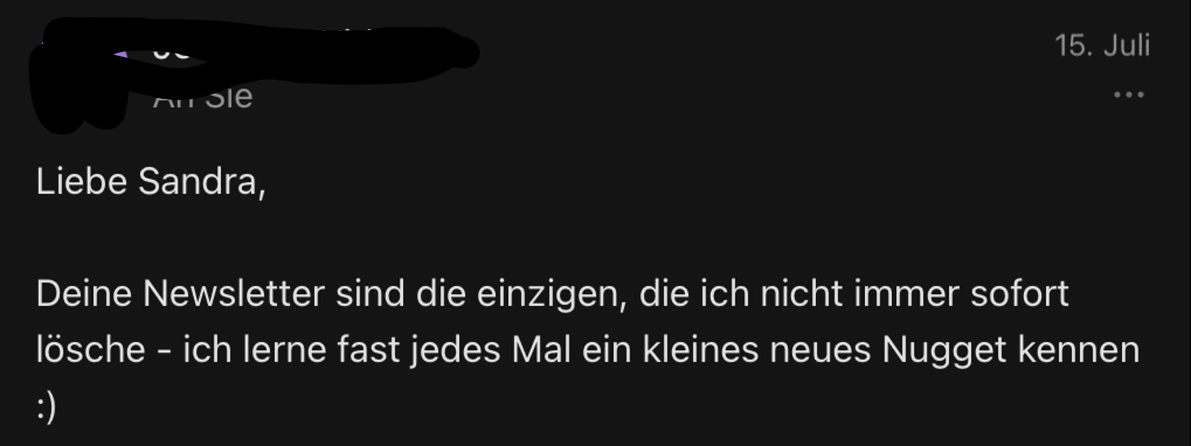 Leserstimme: "Dankeschön für deine praxisnahen, inspirierenden Newsletter."