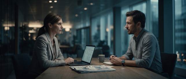 Zwei Personen sitzen sich in einem modernen Büro zu einem Feedbackgespräch gegenüber. Zwischen ihnen liegen ein geöffneter Laptop, Unterlagen und eine Tasse.