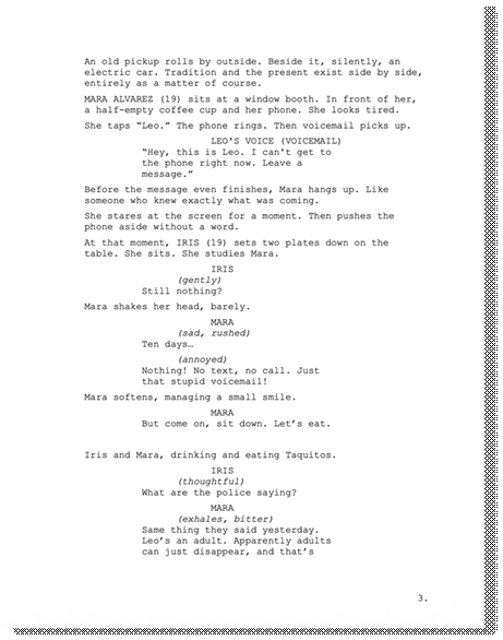 Seite 3 eines englischsprachigen Drehbuchs im FinalDraft-Stil. Dialoge und Regieanweisungen sind in typischer Drehbuchformatierung angeordnet.