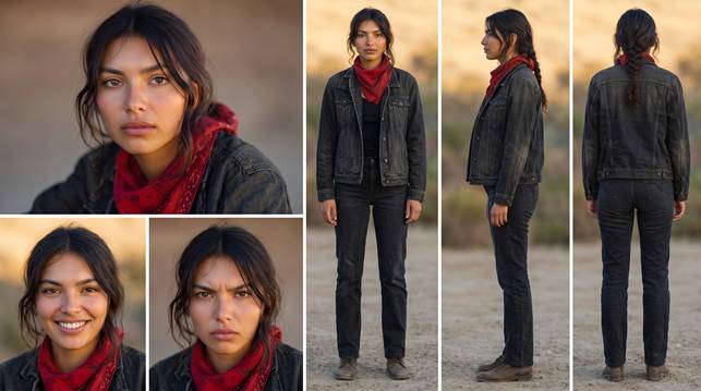 Digitale Setcard der Hauptfigur Mara Alvarez mit Porträtaufnahmen sowie Ganzkörperansichten von vorn, von der Seite und von hinten. Die junge Frau trägt eine dunkle Jeansjacke, schwarze Kleidung und ein rotes Halstuch; die Porträts zeigen unterschiedliche Gesichtsausdrücke.